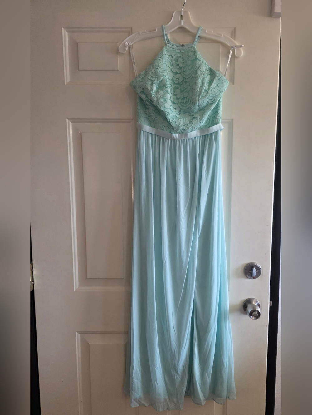 New With Tags Davids Bridal Light Aqua Lace Halter Maxi Dress